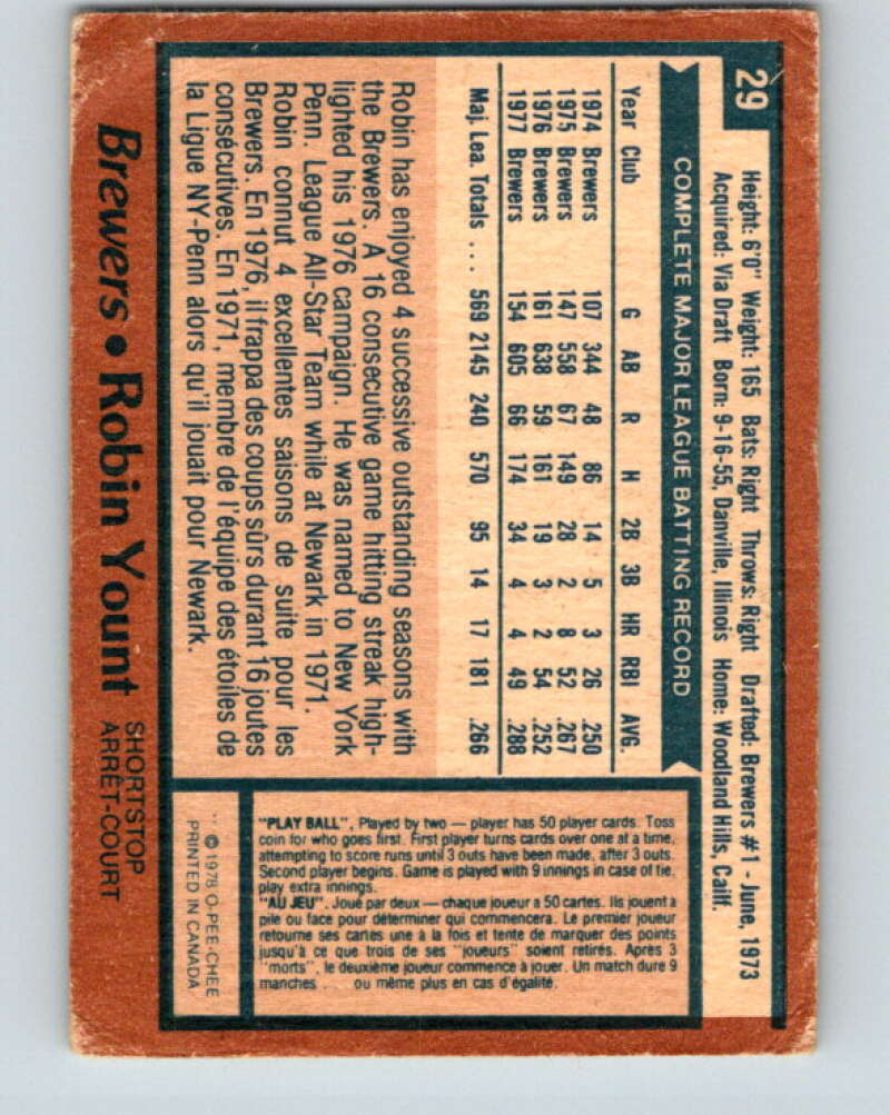 1978 O-Pee-Chee #29 Robin Yount Milwaukee Brewers V32340