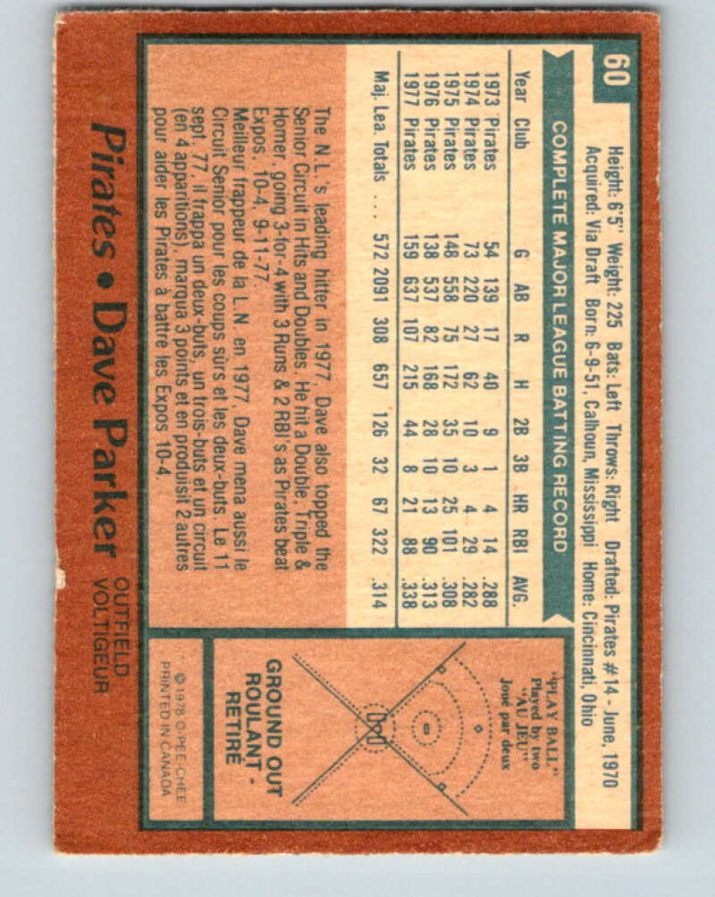 1978 O-Pee-Chee #60 Dave Parker Pittsburgh Pirates V32344