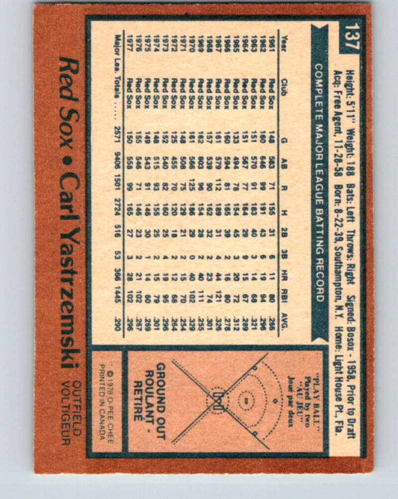 1978 O-Pee-Chee #137 Carl Yastrzemski Boston Red Sox V32363