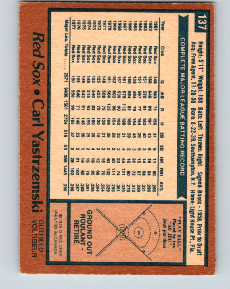 1978 O-Pee-Chee #137 Carl Yastrzemski Boston Red Sox V32364