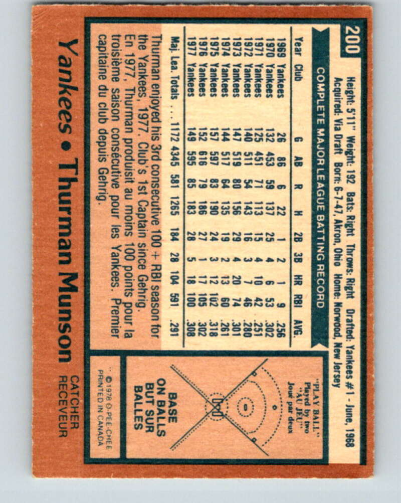1978 O-Pee-Chee #200 Thurman Munson New York Yankees V32376