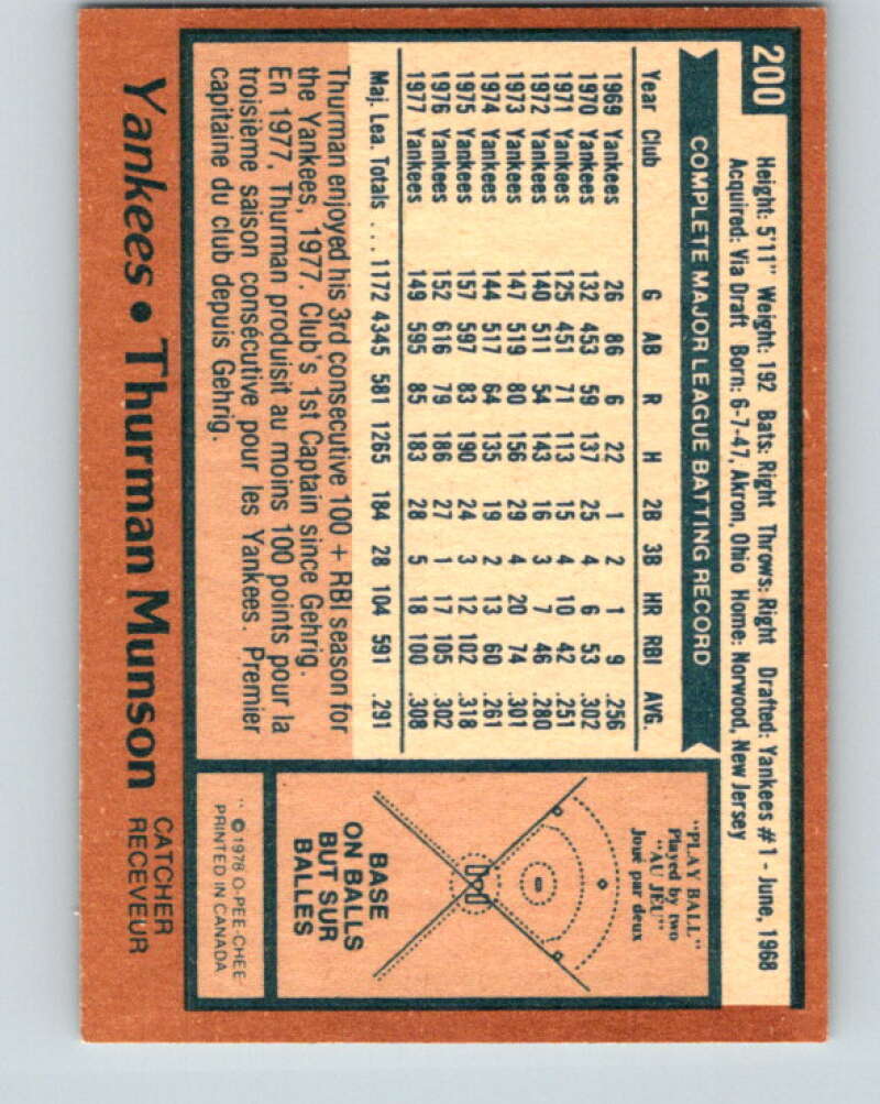 1978 O-Pee-Chee #200 Thurman Munson New York Yankees V32377