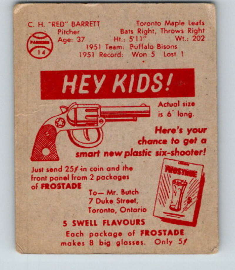 1952 Parkhurst #14 Red Barrett Toronto Maple Leafs V32388