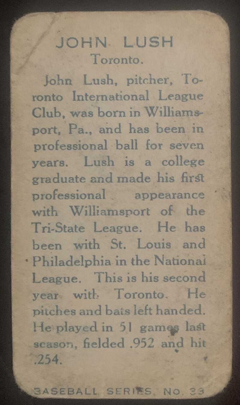 1912 C46 Imperial Tobacco #33 John Lush Toronto Maple Leafs V32392