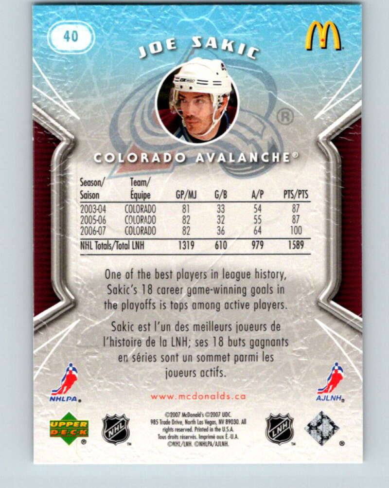 2007-08 Upper Deck McDonald's #40 Joe Sakic