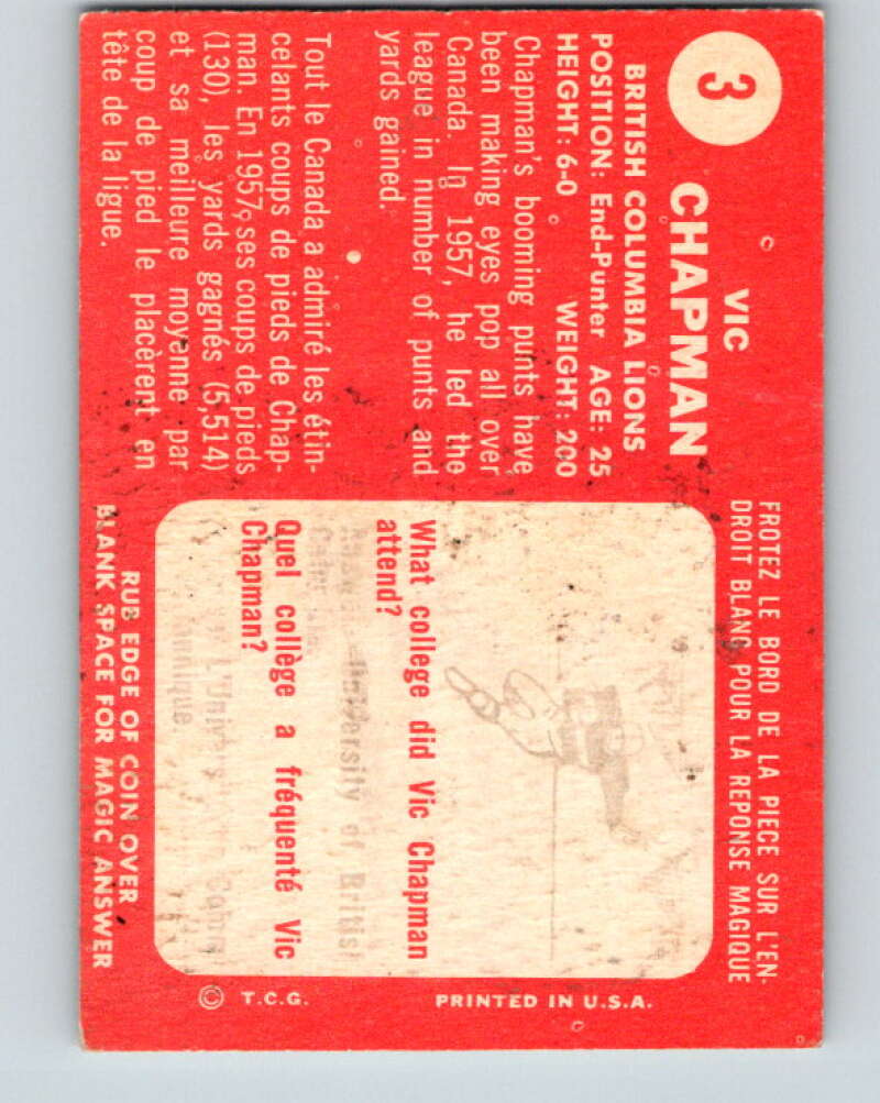 1958 Topps CFL Football #3 Vic Chapman, Columbia Lions V32566