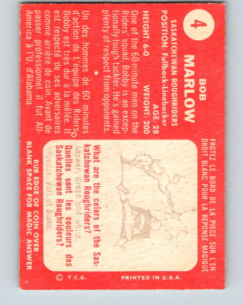 1958 Topps CFL Football #4 Bob Marlow . Saskatchewan Roughriders V32567