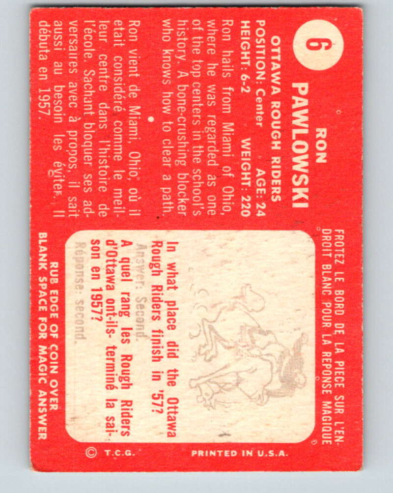 1958 Topps CFL Football #6 Ron Pawlowski, Ottowa Rough Riders V32568
