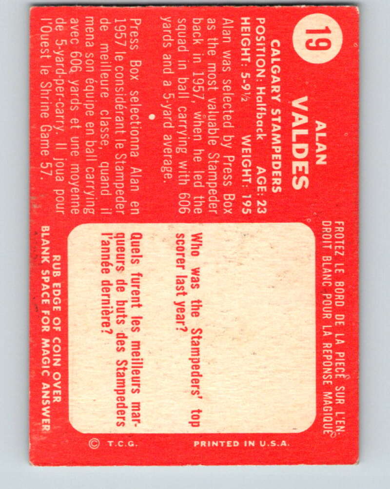 1958 Topps CFL Football #19 Alan Valdes, Calgary Stampeders V32570