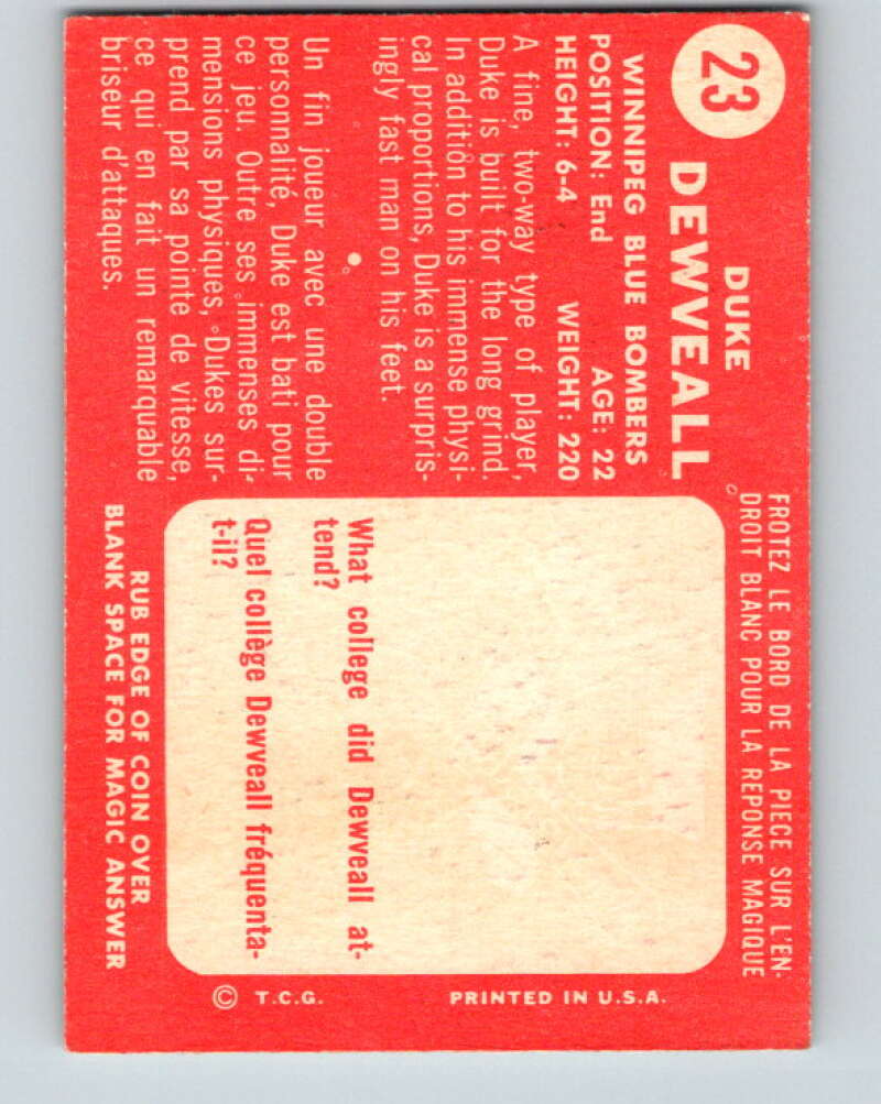 1958 Topps CFL Football #23 Duke Dewveall, Winipeg Blue Bombers V32571