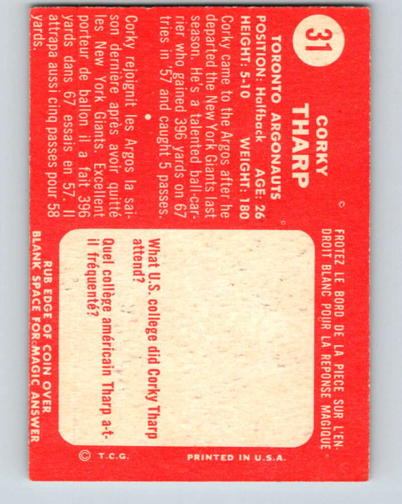 1958 Topps CFL Football #31 Thomas Tharp, Toronto Argonauts V32572
