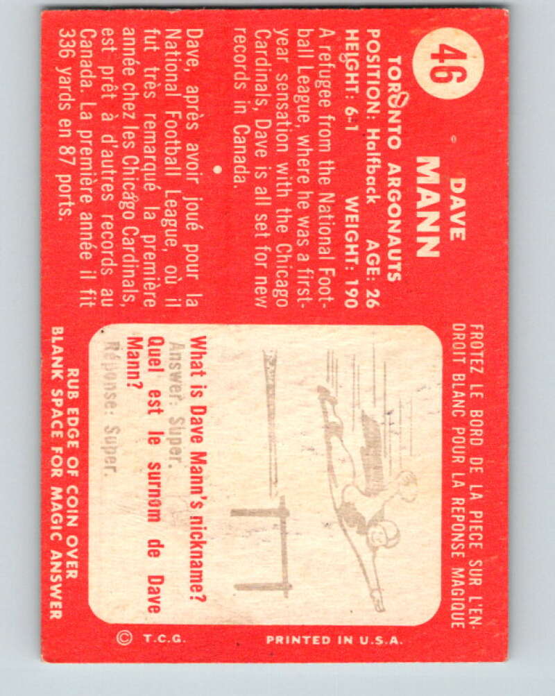 1958 Topps CFL Football #46 Dave Mann, Toronto Argonauts V32577