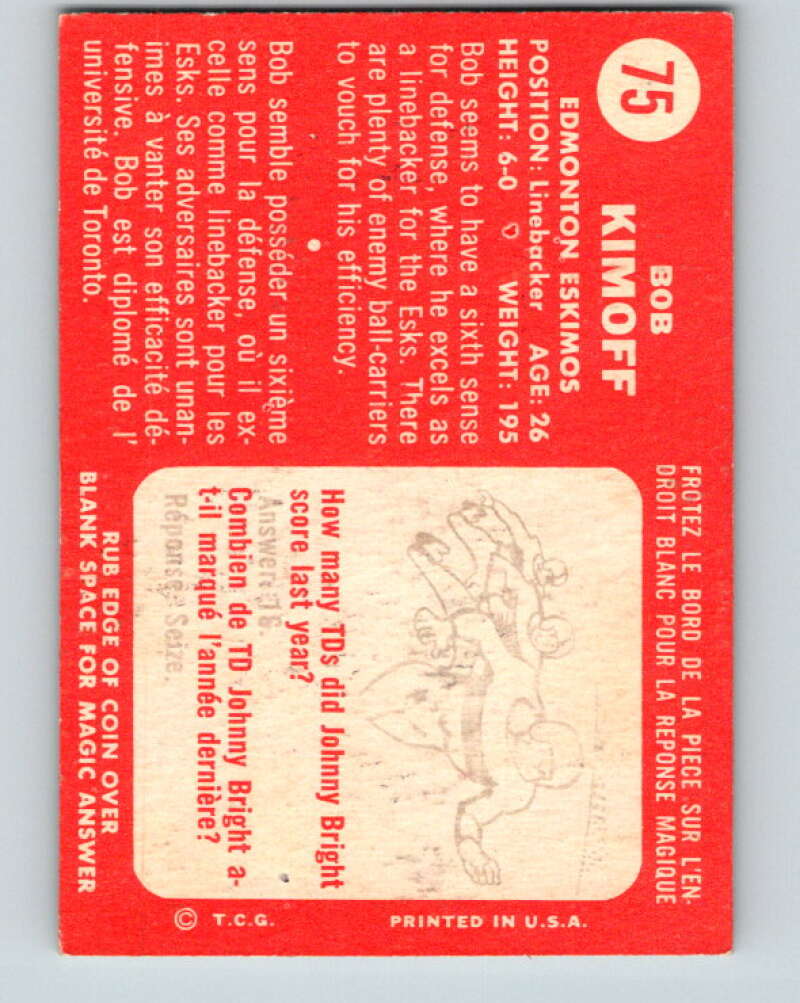 1958 Topps CFL Football #75 Bob Kimoff, Edmonton Eskimos V32579
