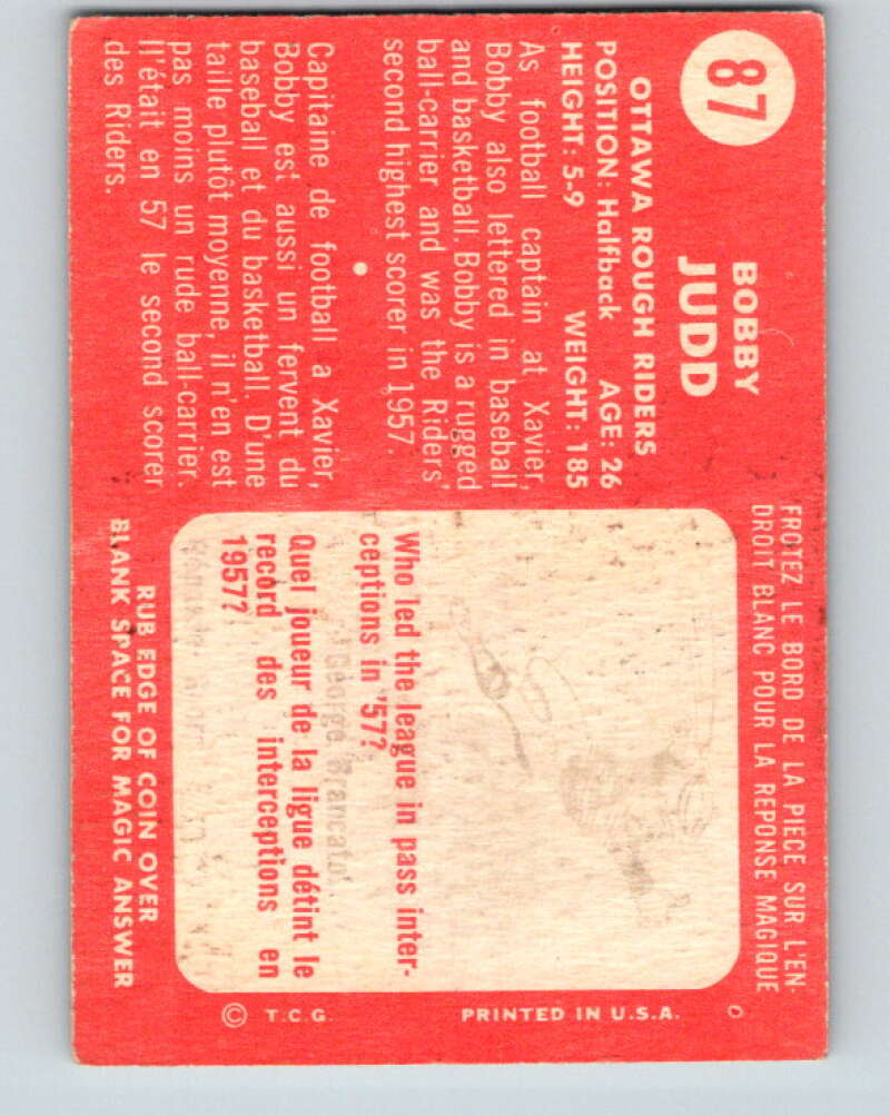 1958 Topps CFL Football #87 Bobby Judd, Ottawa Rough Riders V32580