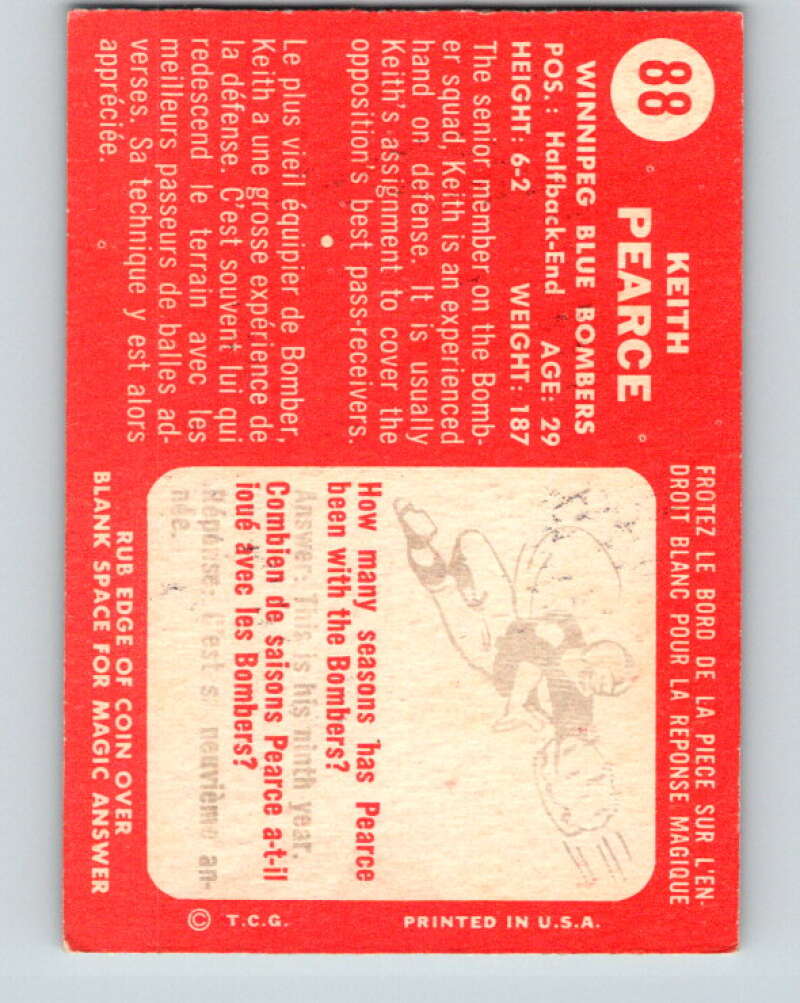 1958 Topps CFL Football #88 Keith Pearce, Winnipeg Blue Bombers V32581