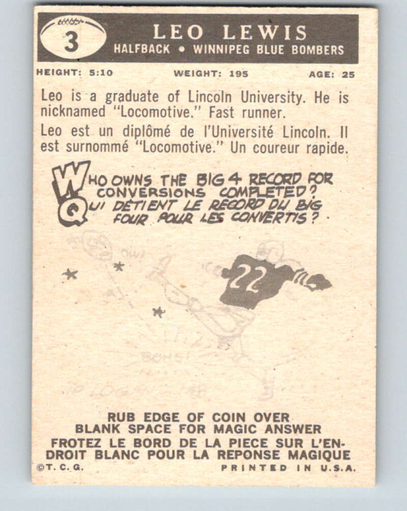 1959 Topps CFL Football #3 Leo Lewis, Winnipeg Blue Bombers V32582