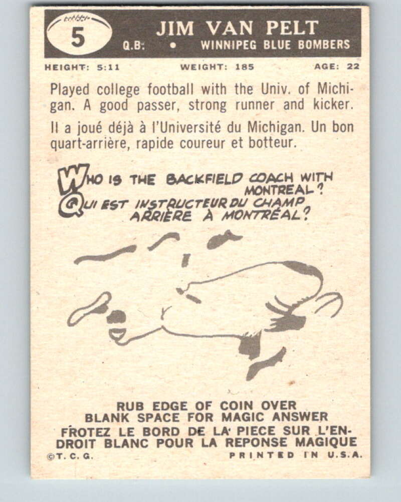 1959 Topps CFL Football #5 Jim Van Pelt, Winnipeg Blue Bombers V32583