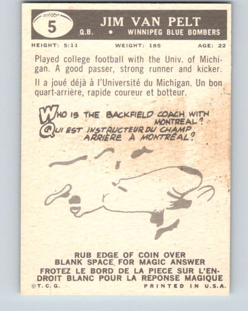1959 Topps CFL Football #5 Jim Van Pelt, Winnipeg Blue Bombers V32584