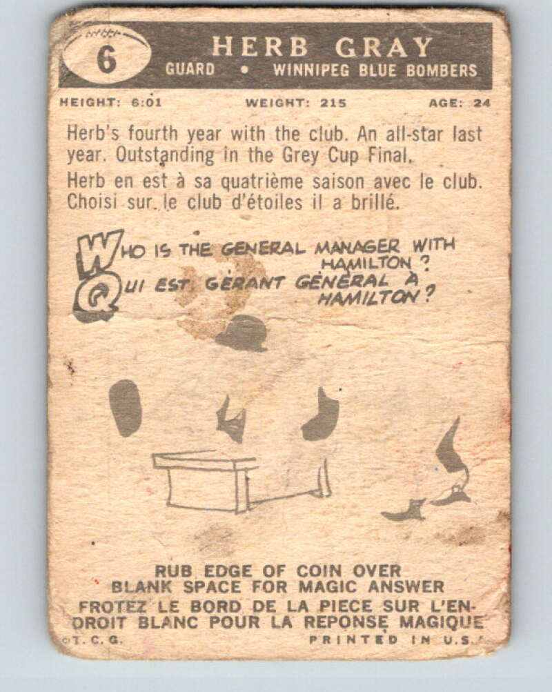 1959 Topps CFL Football #6 Herb Gray, Winnipeg Blue Bombers V32585