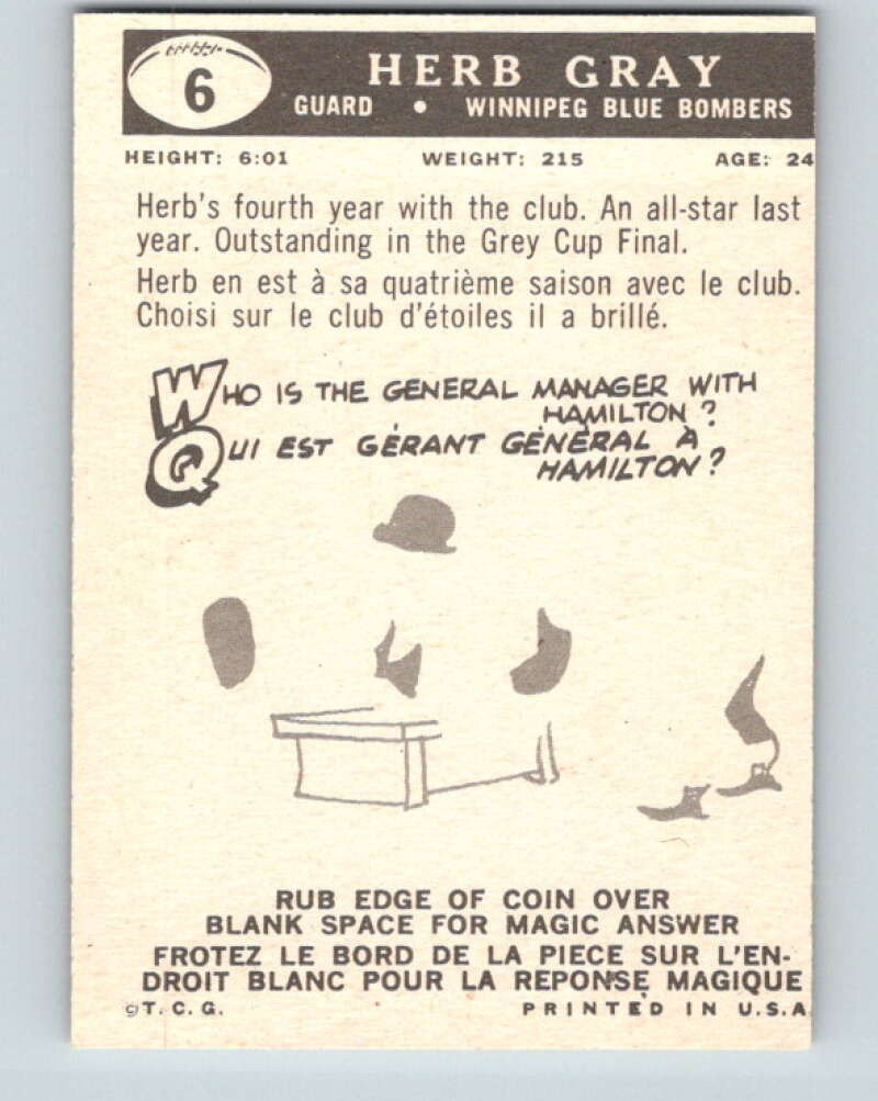 1959 Topps CFL Football #6 Herb Gray, Winnipeg Blue Bombers V32586