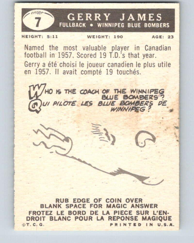 1959 Topps CFL Football #7 Gerry James, Winnipeg Blue Bombers V32588