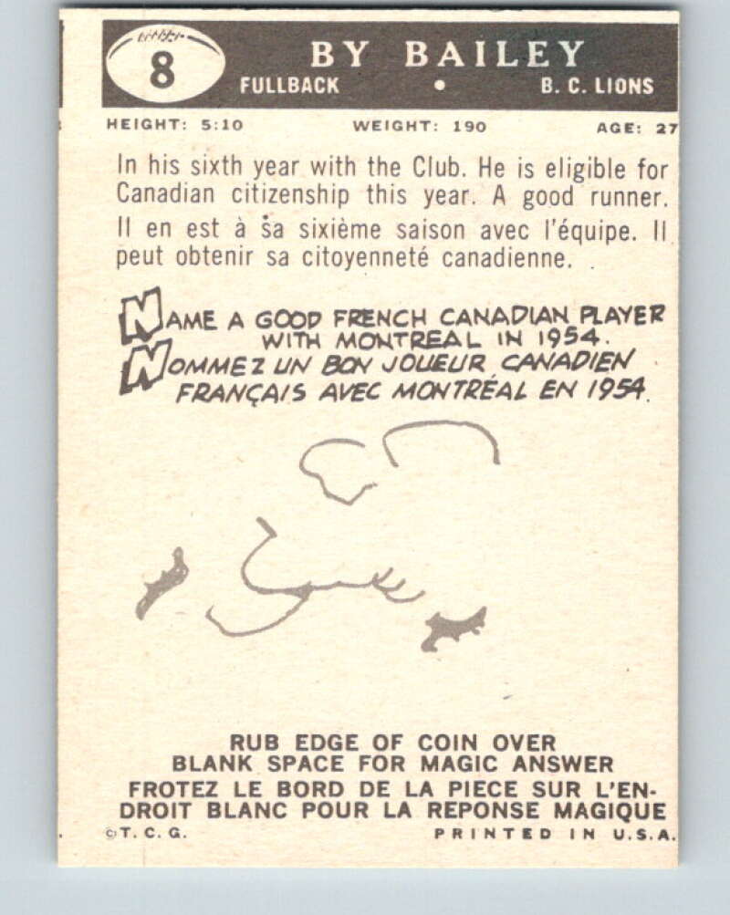 1959 Topps CFL Football #8 By Bailey, British Columbia Lions V32589