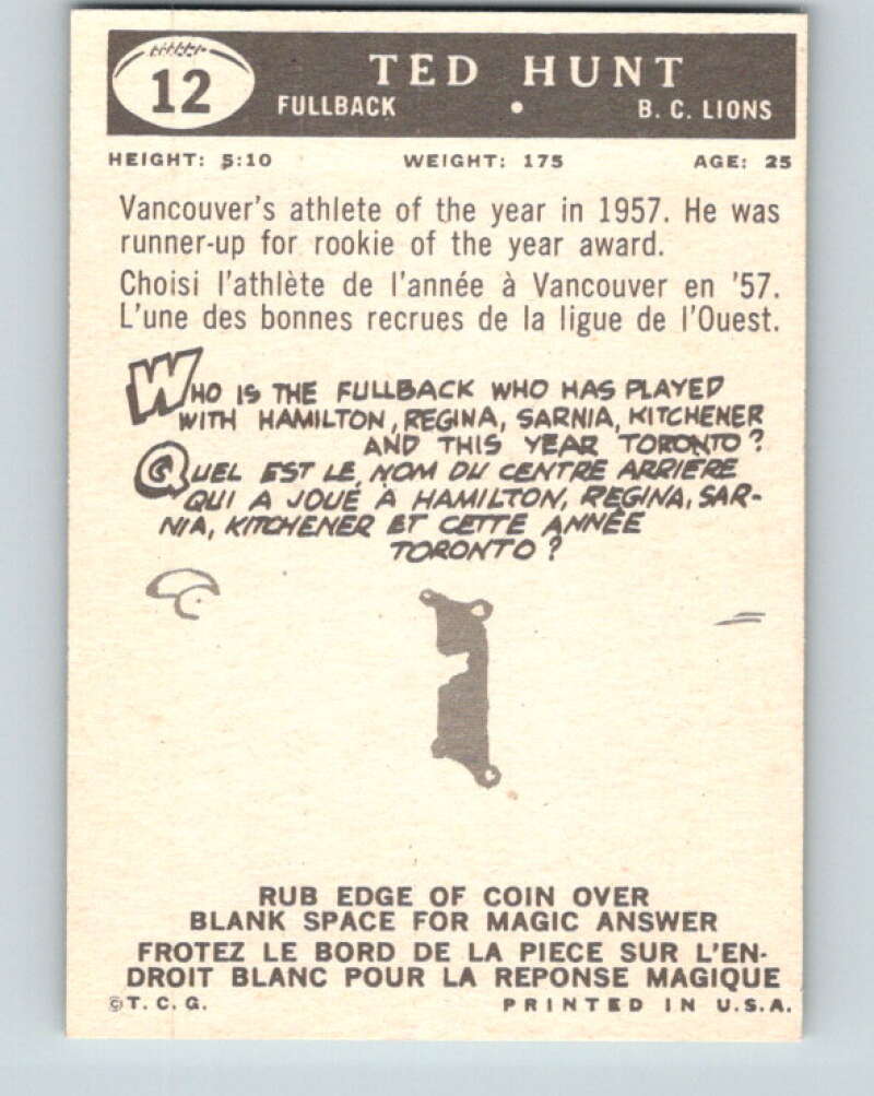 1959 Topps CFL Football #12 Ted Hunt, British Columbia Lions V32595