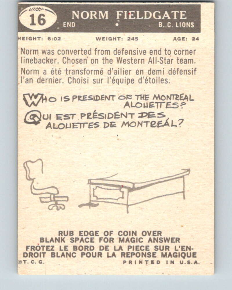 1959 Topps CFL Football #16 Norm Fieldgate, British Columbia Lions V32597