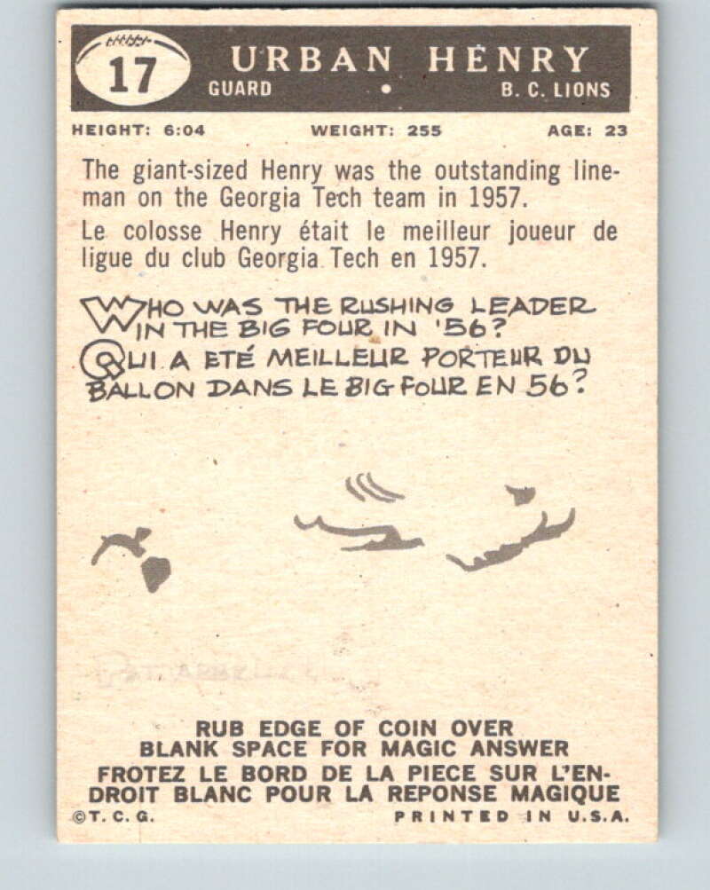 1959 Topps CFL Football #17 Urban Henry, British Columbia Lions V32599