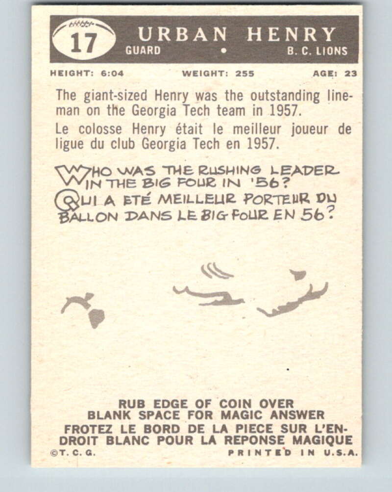 1959 Topps CFL Football #17 Urban Henry, British Columbia Lions V32600