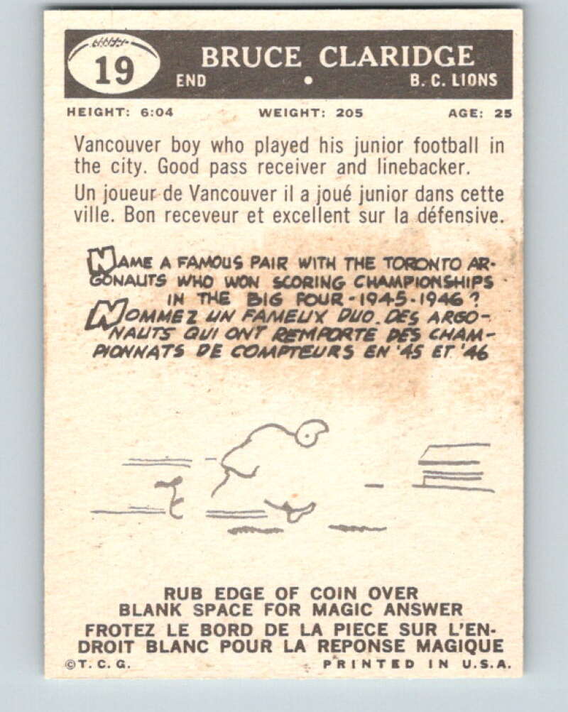 1959 Topps CFL Football #19 Bruce Claridge, British Columbia Lions  V32601