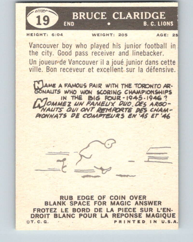 1959 Topps CFL Football #19 Bruce Claridge, British Columbia Lions V32602
