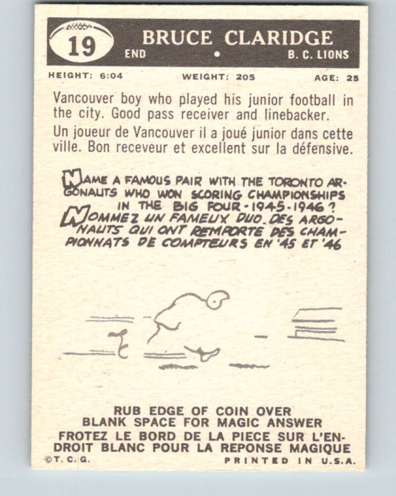 1959 Topps CFL Football #19 Bruce Claridge, British Columbia Lions V32603