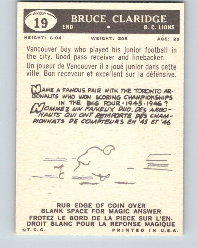 1959 Topps CFL Football #19 Bruce Claridge, British Columbia Lions  V32603