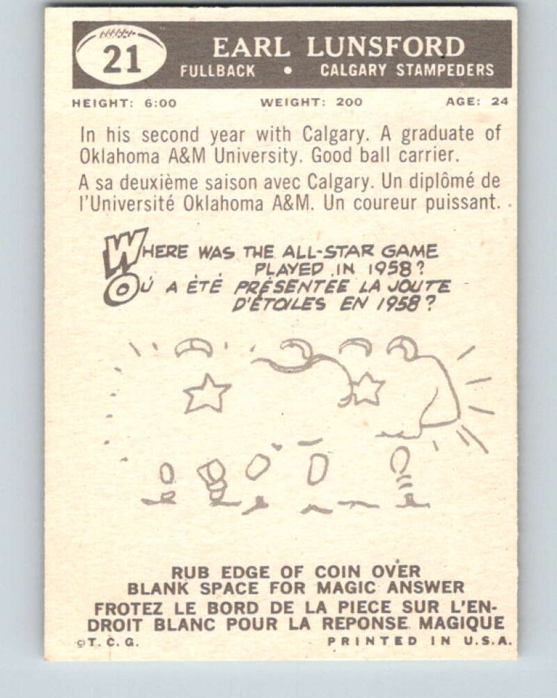 1959 Topps CFL Football #21 Earl Lundsfoord, Calgary Stampeders  V32604
