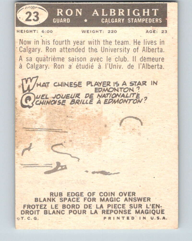 1959 Topps CFL Football #23 Ron Albright, Calgary Stampeders V32606