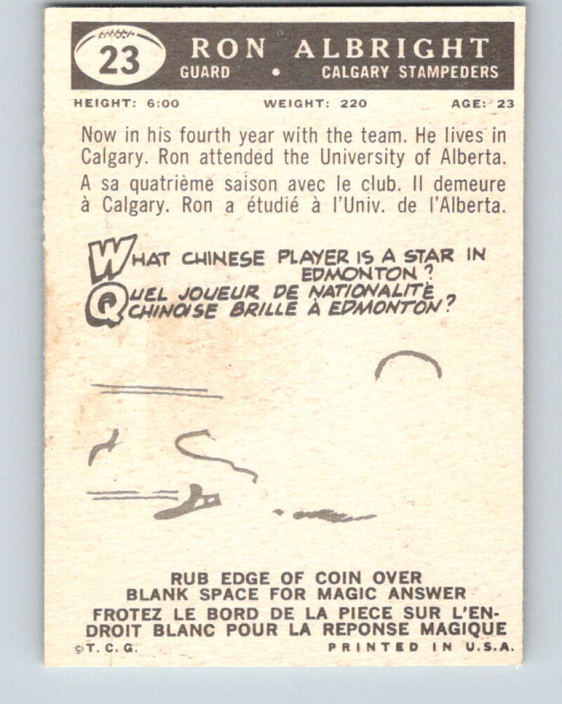 1959 Topps CFL Football #23 Ron Albright, Calgary Stampeders V32608
