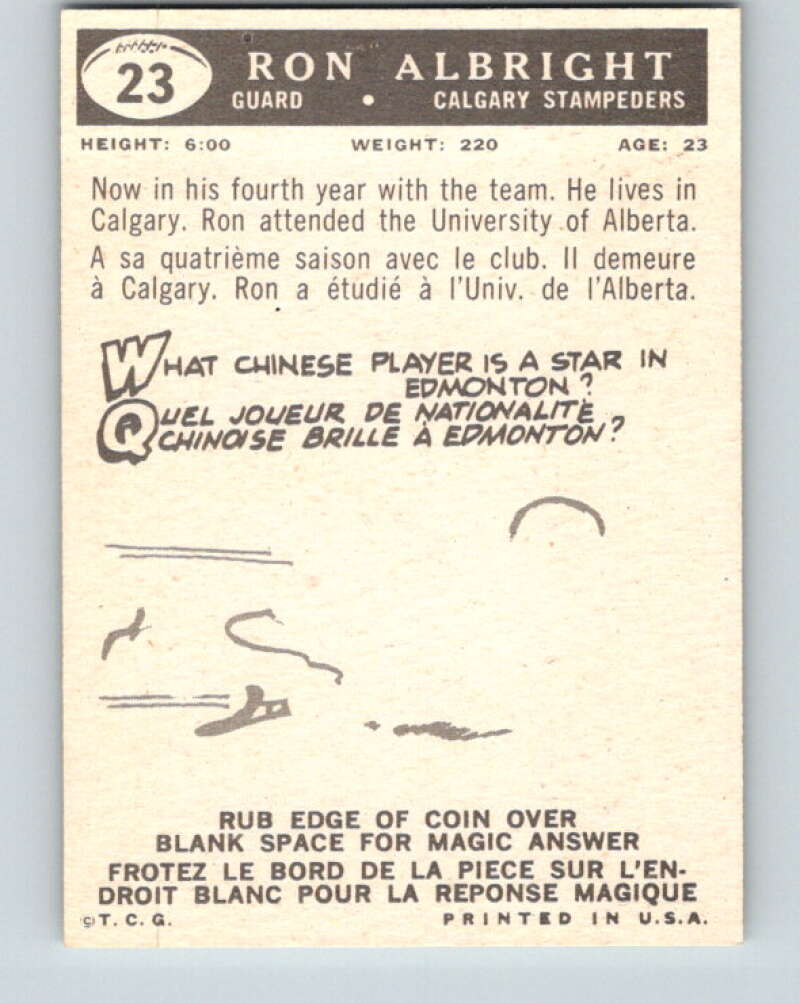 1959 Topps CFL Football #23 Ron Albright, Calgary Stampeders V32609