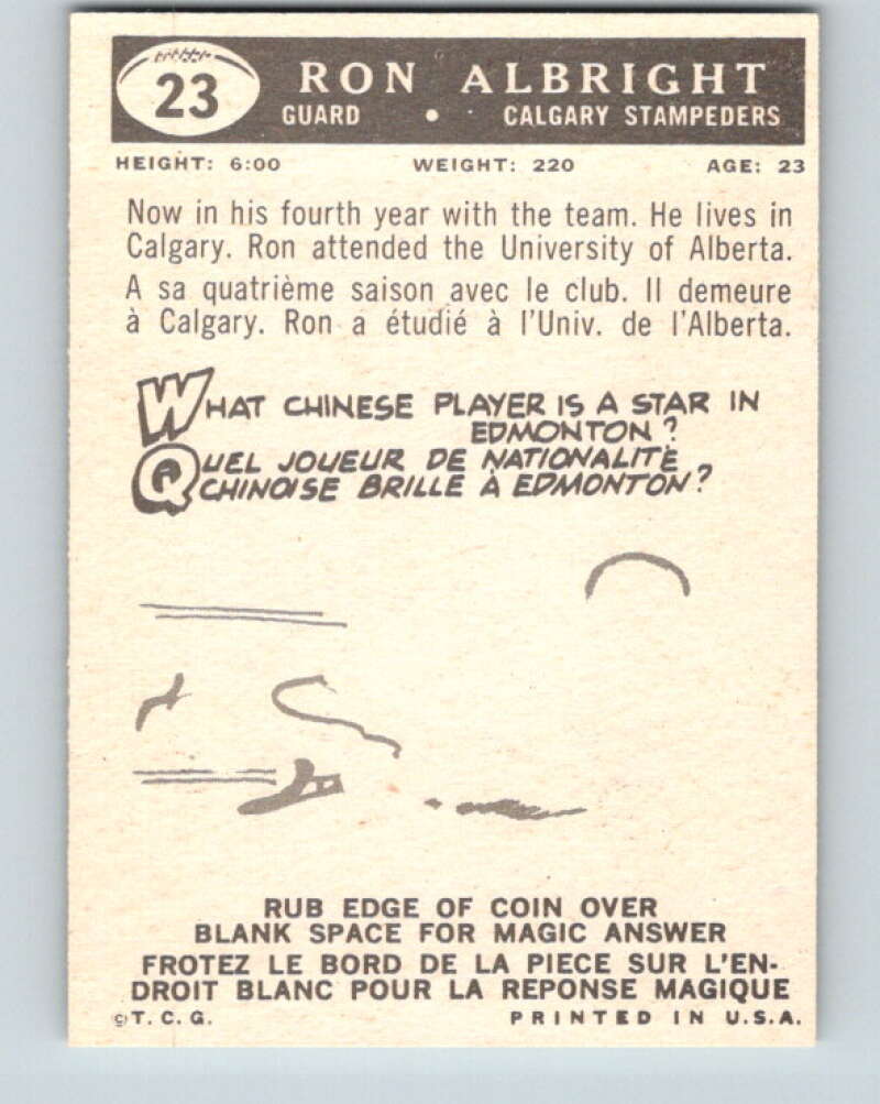 1959 Topps CFL Football #23 Ron Albright, Calgary Stampeders V32610