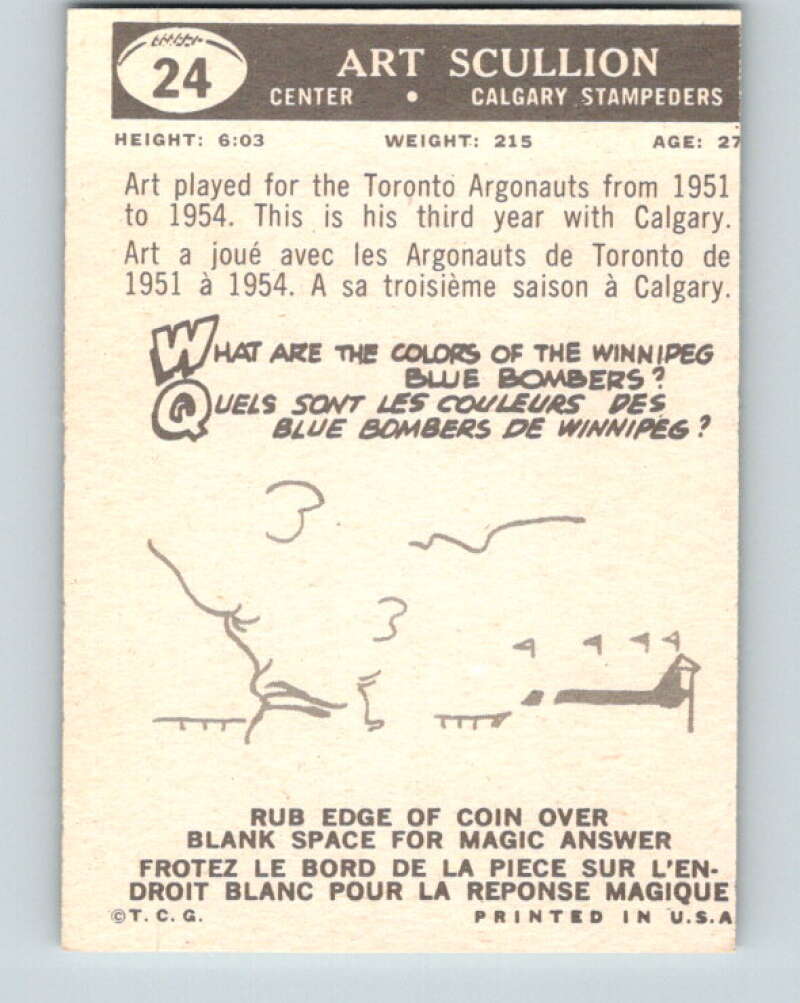 1959 Topps CFL Football #24 Art Scullion, Calgary Stampeders  V32611