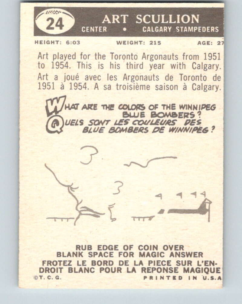 1959 Topps CFL Football #24 Art Scullion, Calgary Stampeders V32611