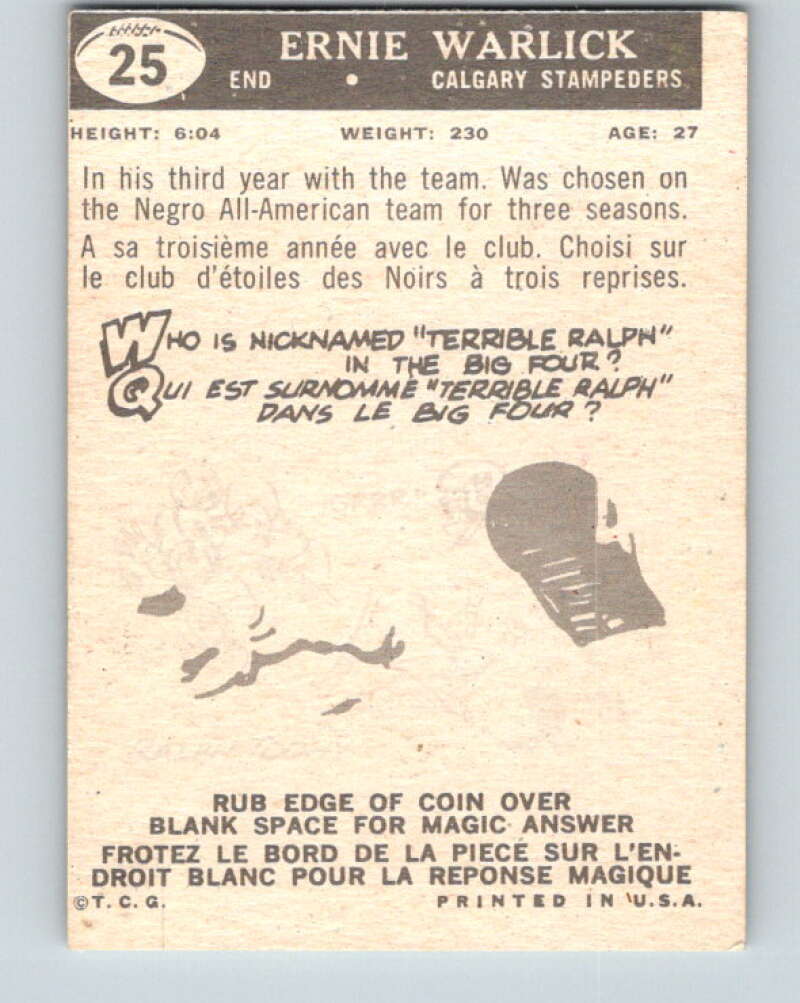 1959 Topps CFL Football #25 Ernie Warlick, Calgary Stampeders V32612