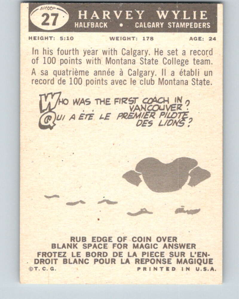 1959 Topps CFL Football #27 Harvey Wylie, Calgary Stampeders V32613