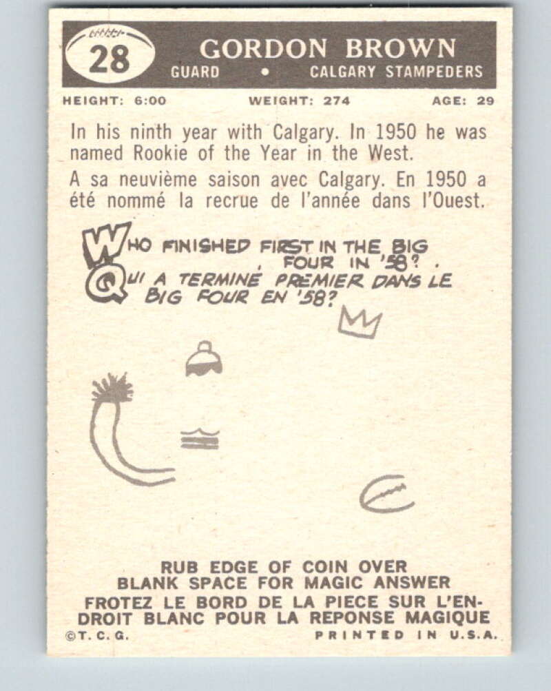1959 Topps CFL Football #28 Gordon Brown, Calgary Stampeders V32614
