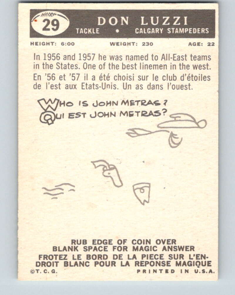 1959 Topps CFL Football #29 Don Luzzi, Calgary Stampeders V32615