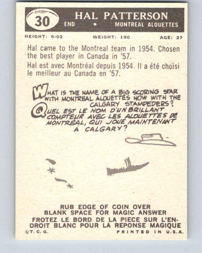 1959 Topps CFL Football #30 Hal Patterson, Montreal Alouettes V32616