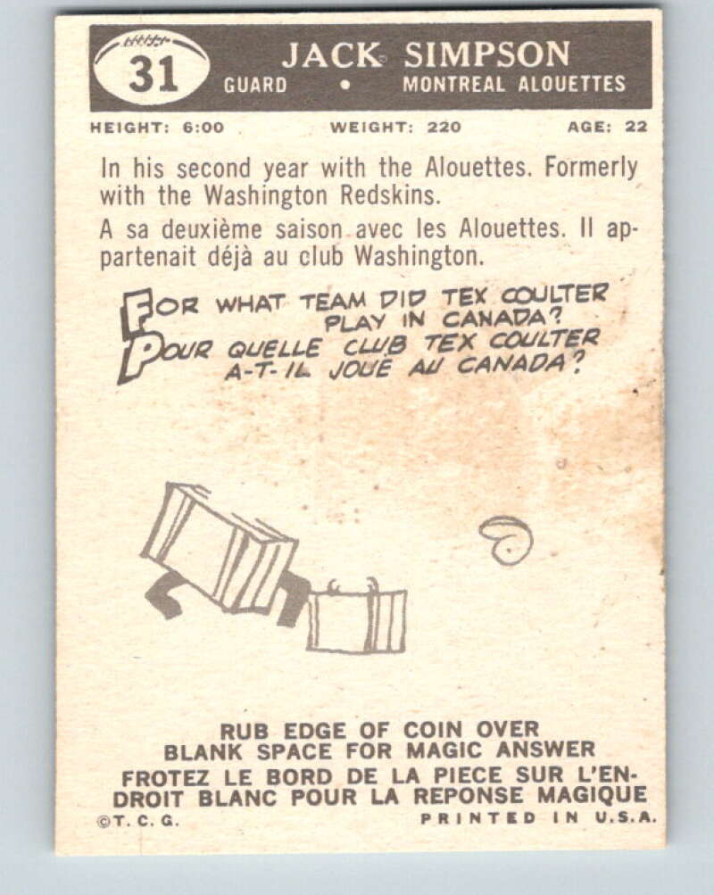 1959 Topps CFL Football #31 Jack Simpson, Montreal Alouettes V32617