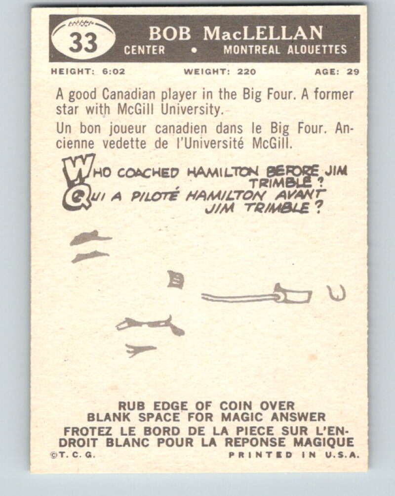 1959 Topps CFL Football #33 Bob MacLellan, Montreal Alouettes V32619