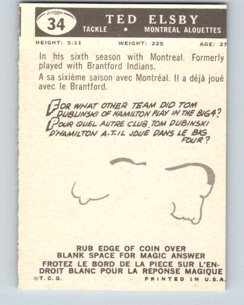 1959 Topps CFL Football #34 Ted Elsby, Montreal Alouettes V32620