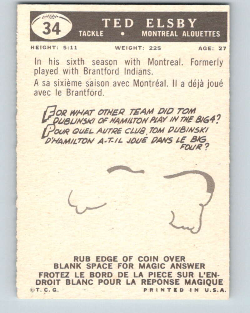 1959 Topps CFL Football #34 Ted Elsby, Montreal Alouettes V32621
